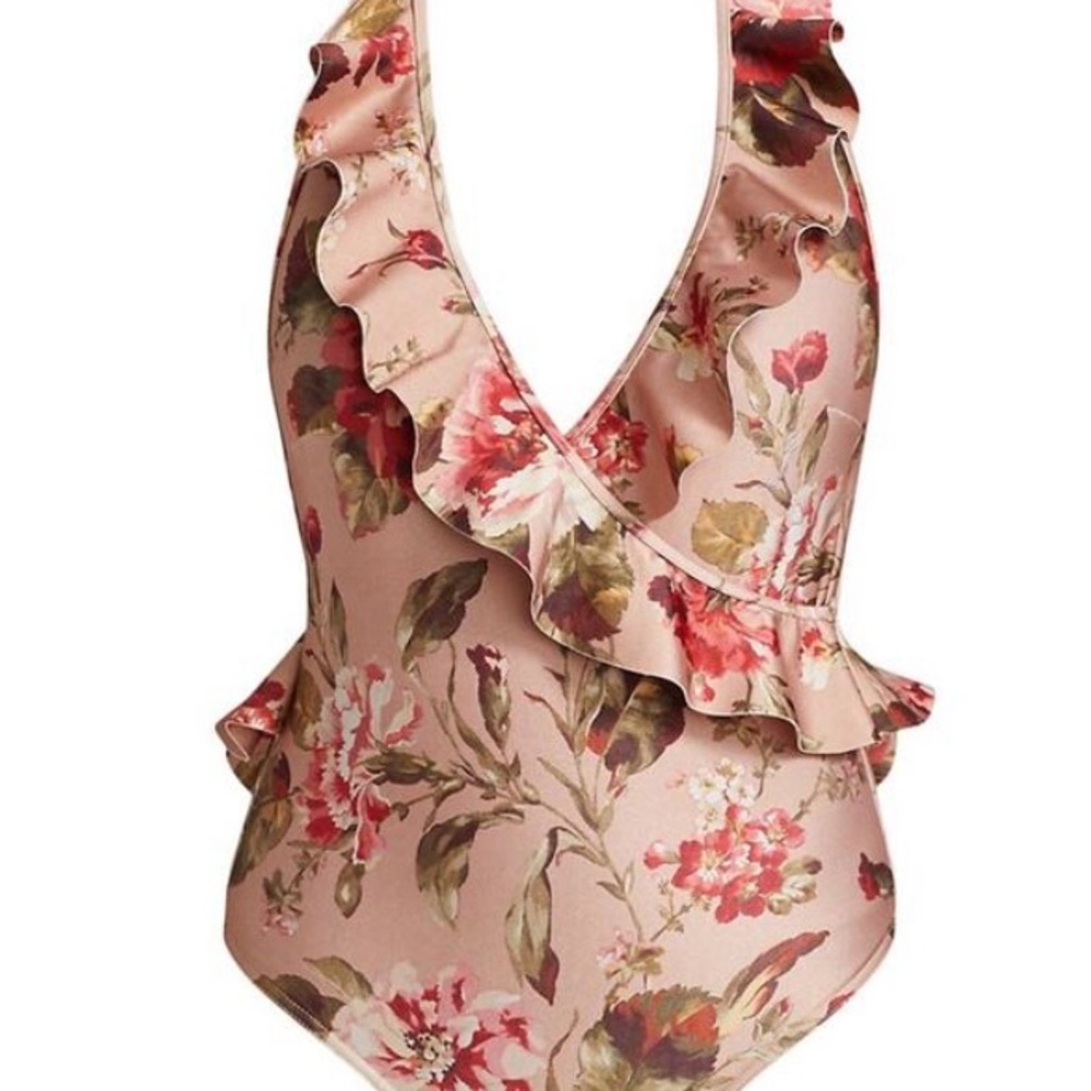 Zimmermann Pink and Red Floral Bodysuit with Ruffle Details
